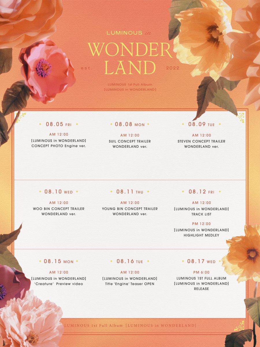 CentralKpopNews's tweet photo. #LUMINIOUS | Cronograma para o lançamento do 1º full album "LUMINOUS in WONDERLAND" em 17 de agosto. https://t.co/ur1qrhVjEl