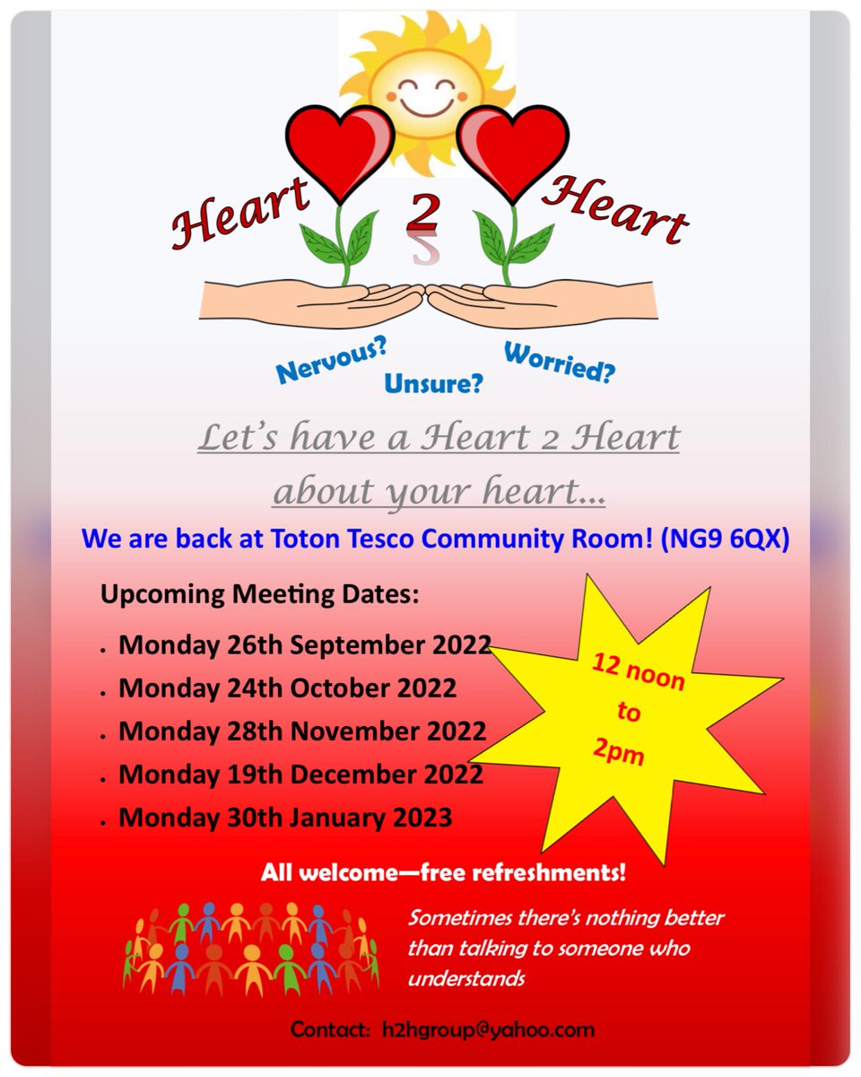 h2hsupportgroup's tweet photo. We are moving back to Toton Tesco Community Room!

Here are some dates for your diary 📆 

#Heart2Heart #supportgroup #cardiacsupport #local #Nottinghamshire #H2H https://t.co/8qR57UxwPU