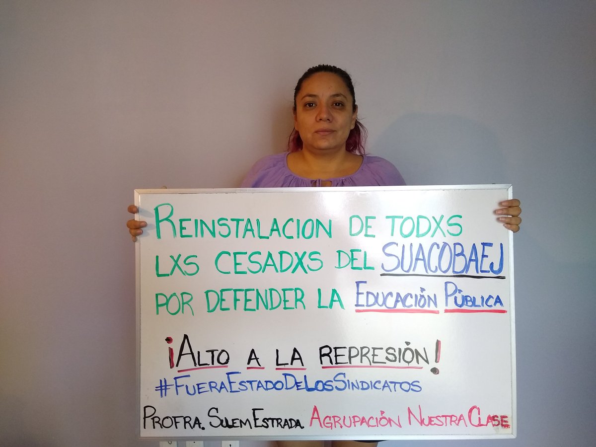 SulemEstrada's tweet photo. Exigimos que el @GobiernoJalisco cese su intromisión en el #Suacobaej reconozca las comisiones y entregue las cuotas sindicales, así como la #reinstalacion inmediata de los despedidos. Alto a la represión de quienes defienden la educación pública. 
@delfinagomeza
@EnriqueAlfaroR https://t.co/wEgPy98P51