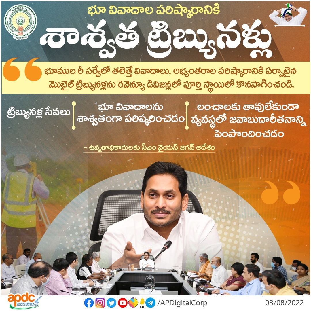 apdigitalcorp's tweet photo. భూముల రీసర్వేలో తలెత్తే వివాదాలు, అభ్యంతరాల పరిష్కారానికి ఏర్పాటైన మొబైల్‌ ట్రిబ్యునళ్లను రెవెన్యూ డివిజన్లలో పూర్తిస్థాయిలో కొనసాగించాలని అధికారులను సీఎం వైయస్ జగన్ ఆదేశించారు. సమగ్ర సర్వేలో వచ్చే అప్పీళ్లపై థర్డ్‌ పార్టీ పర్యవేక్షణ ఉండాలని అన్నారు.

#LandRegistrationInAP #APDC https://t.co/sRE5eft2W8
