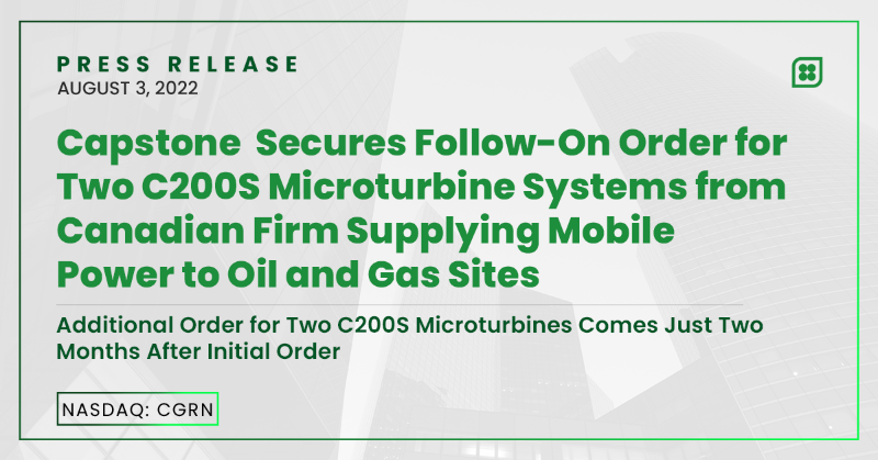 CapstoneEnergy's tweet photo. 📢 @CGRNenergy (NASDAQ: $CGRN) Secures Follow-On Order for Two C200S Microturbine Systems from Canadian Firm Supplying Mobile Power to Oil and Gas Sites.

#Capstone #GreenEnergy #SecurePower #ReliableEnergy