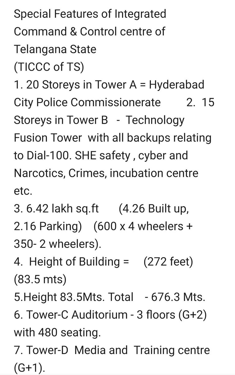 romeolikes123's tweet photo. Some of the special features of the Telangana Integrated Command and Control Centre #TICCC at Banjara Hills, to be inaugurated by CM KCR @TelanganaCMO tomorrow.
@TelanganaCOPs @hydcitypolice https://t.co/DGXdDzsg9p