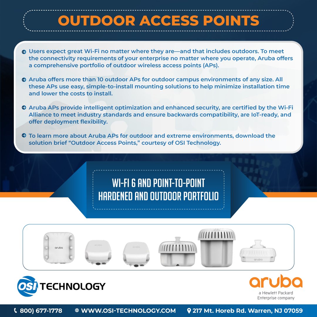 OSITechnology's tweet photo. Aruba Outdoor &amp; Extreme Environment Access Points. Intelligent optimization, enhanced security, certified, IoT-ready, and deployment flexibility.

#network #business #networking #marketing #lock #verkada #osi #technology #cloudbased #secure #aruba https://t.co/vj8BTtkAKJ