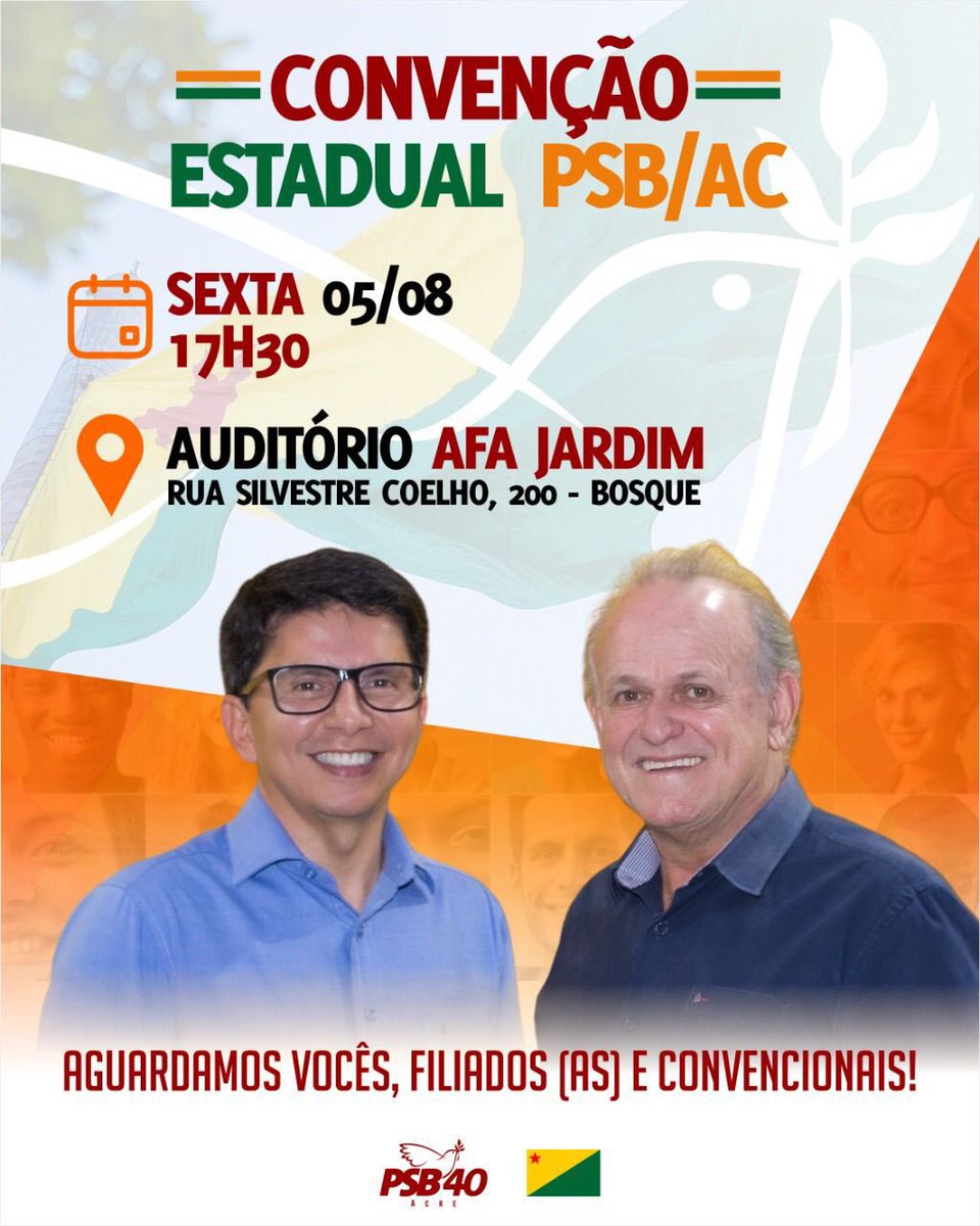 drjenilsonleite's tweet photo. BOM DIA ☀️ 

A convenção estadual do PSB, acontece nesta sexta,5.

O evento vai homologar a meu nome ao Senado e dos nossos pré-candidatos a deputados estaduais e federais.

A convenção inicia às 17h30, no Afa Jardim, em Rio Branco. https://t.co/lg9eI1hnNx