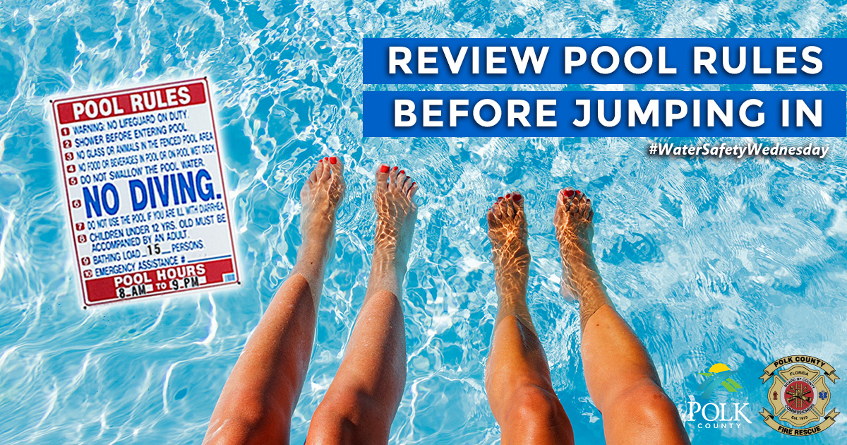 PolkFire's tweet photo. Between 2010-2019 the CDC reported an average of 8,080 E.R. visits due to non-fatal drowning? Make sure you review the posted pool rules before jumping in & remember: No Diving, No Running, No Pushing & never swim alone. #PolkFLFireRescue #PCFR #WaterSafetyWednesday #PoolRules https://t.co/1gVV1BadoO