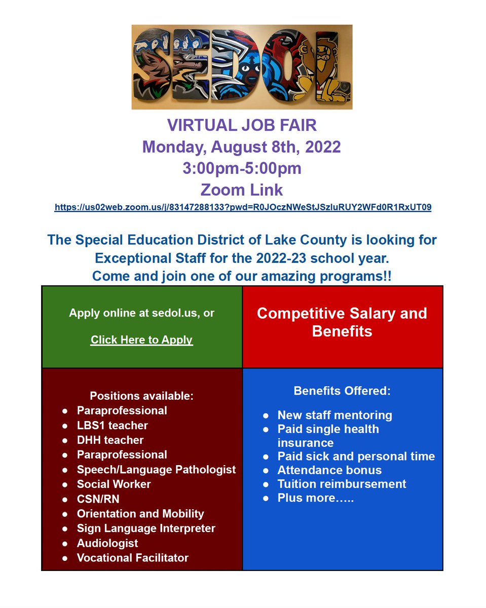 Are you, a friend, or a family member interested in making a difference in the lives of students with special needs? If so, look no further! <a href="/SEDOL_IL/">SEDOL</a> is hosting a virtual job fair this Monday (August 8th) from 3:00 p.m. to 5:00 p.m.  Spread the word! Come join our team!
