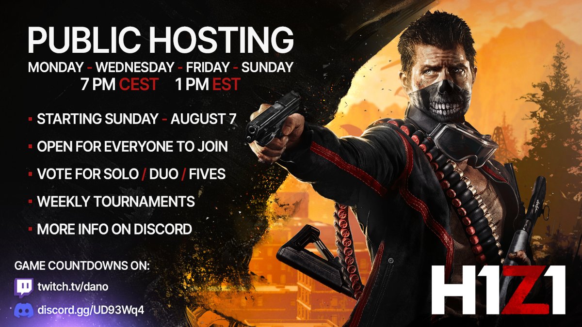 We're starting regular public hosting on H1Z1!

The Chinese community has been hosting 100+ player lobbies for over a year now so we figured we'd do the same for EU/NA.

You simply join at the same time as everybody else with a countdown.

❗️For more info: discord.gg/UD93Wq4
