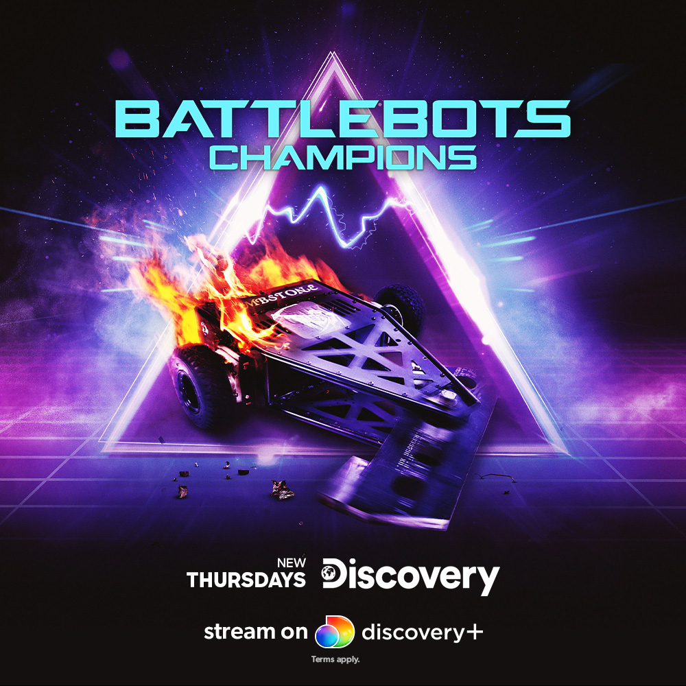 Discovery's tweet image. All-new series @BattleBots Champions starts TONIGHT 🏆 🤖

8p ET on Discovery and @discoveryplus links.discoveryplus.com/bbchamps #BattleBots