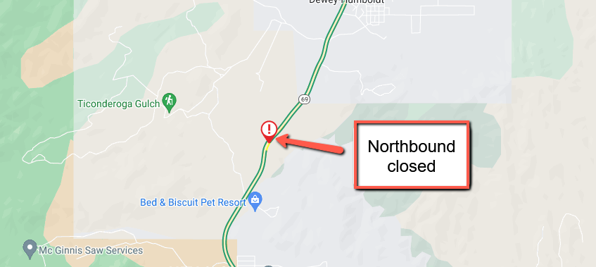 ArizonaDOT's tweet photo. *CLOSURE*
State Route 69 northbound is CLOSED south of Dewey-Humboldt due to a crash at milepost 277.
Expect delays and seek an alternate route. There is no estimated time to reopen the highway.
#aztraffic #SR69 https://t.co/FZtokcAbbY