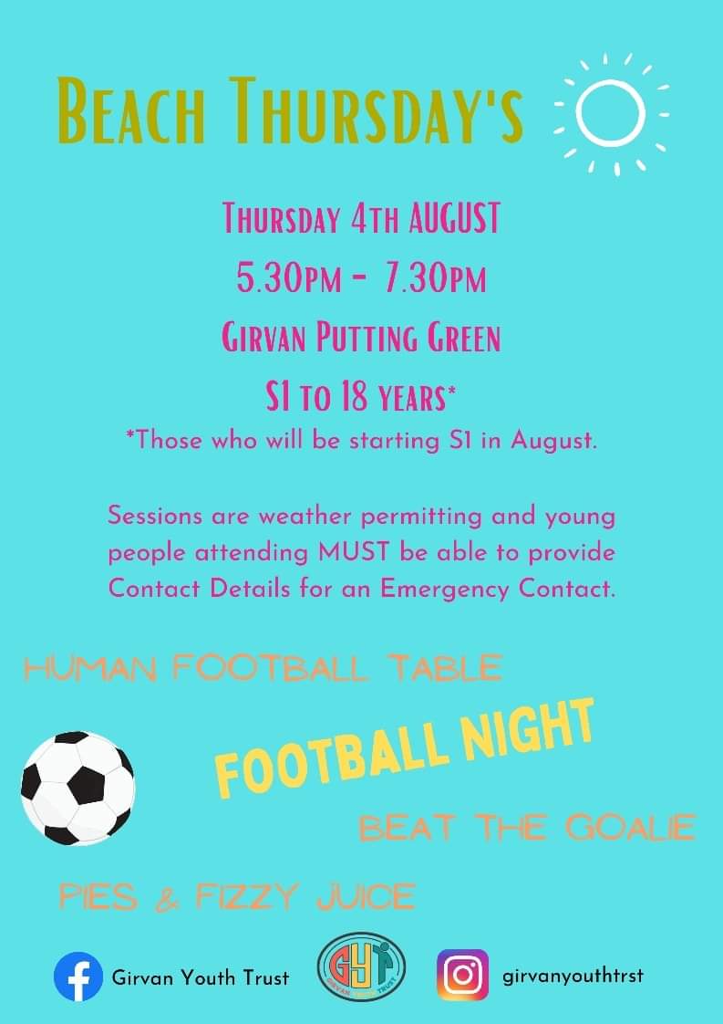 girvanyouthtrst's tweet photo. TOMORROW βοΈβ¬οΈ
Fingers crossed for sunshine tomorrow for our Beach Thursday's!
π£ As the P7 Transition Programme is now finished, our Beach Thursday Evening Sessions are now open to those who will be STARTING S1 in August π€©π€© #GYTSummer22 https://t.co/EPjo9bXk31