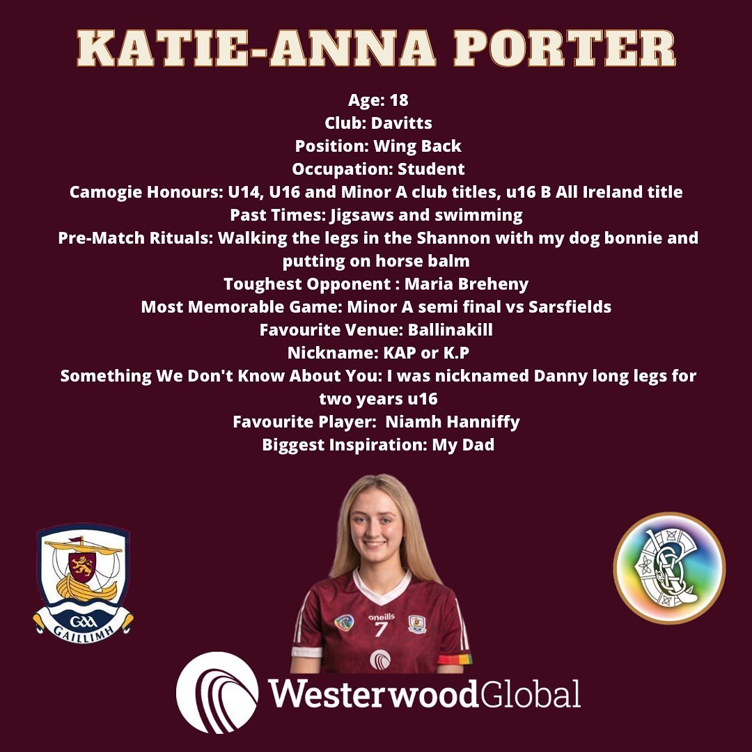 GalwayCamogie96's tweet photo. Up next is Katie Anna Porter from Davitts Camogie Club! Katie Anna has already won an All Ireland U16 B medal with Galway! 

Please support the girls training fund!! Link below! 

https://t.co/rrVncqm3HF

Match days tickets below! 
Let’s #gotogether 

https://t.co/mBOJZgl45t https://t.co/2a0b1c2PLg