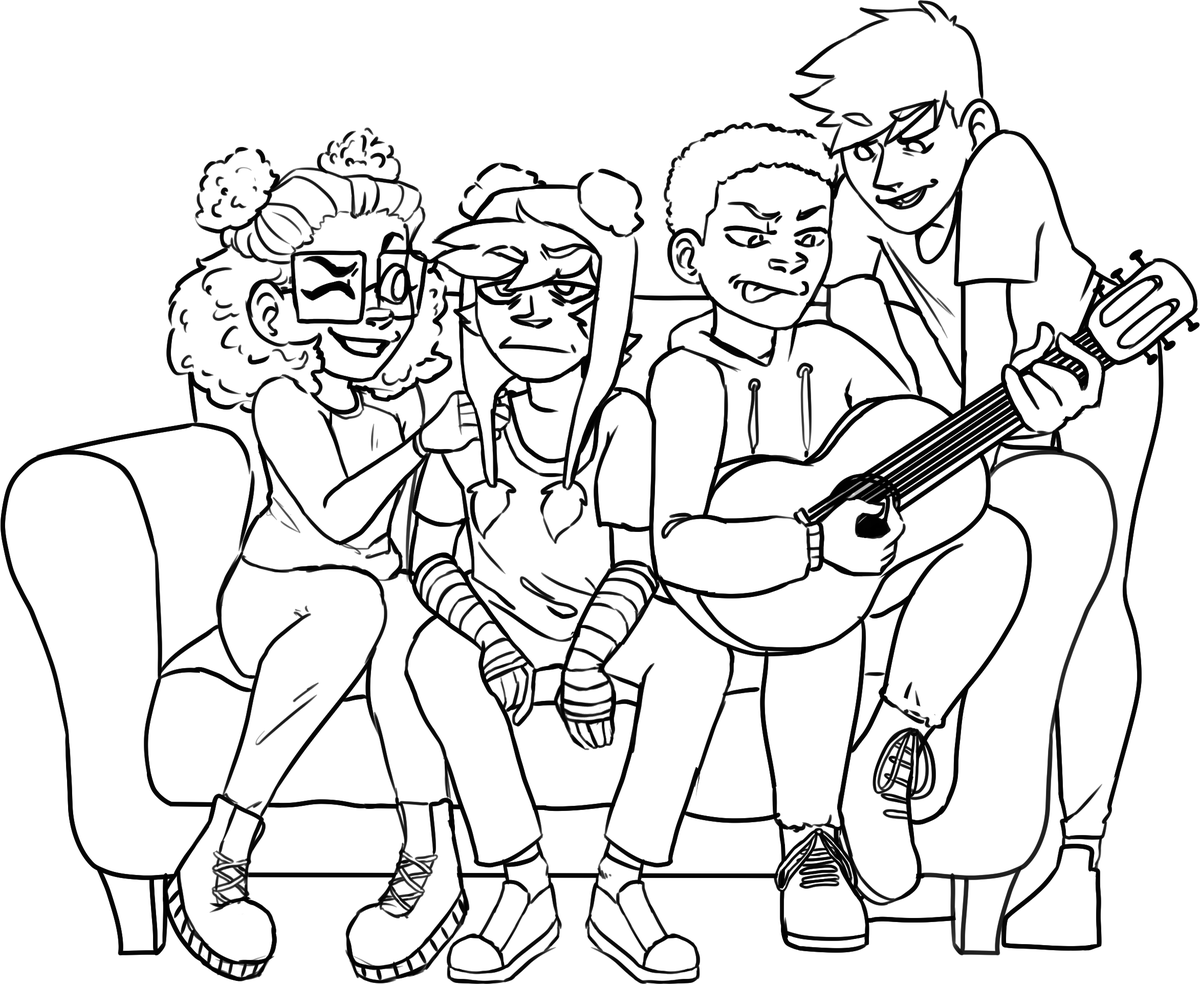 ItsNotAFayz's tweet photo. some lineart for a piece with all my fave s1 kids in!!!! 
From left to right: Amelia, Jimmy, Michael and Pyro!!! 
(These are all original non official characters!!) https://t.co/KU91iu1e4b
