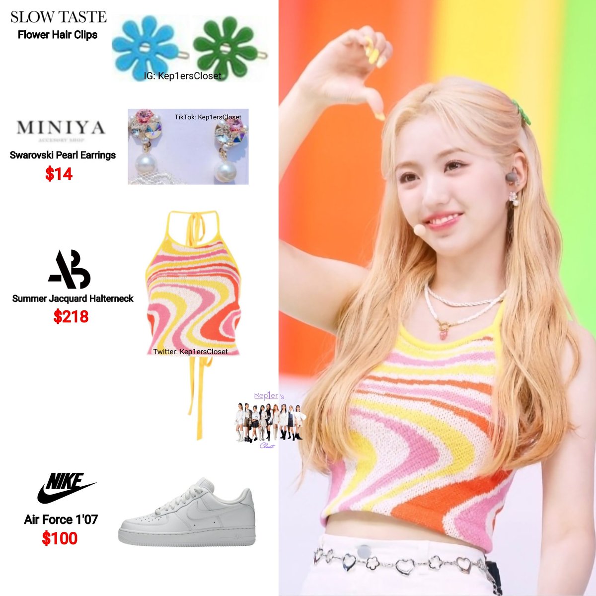 Kep1ersCloset's tweet photo. {UP! - The Show}

#Yeseo is wearing:

🔹SlowTaste Flower Hair Clips $?
🔹#Miniya Swarovski Pearl Earrings $14
🔹#AnderssonBell Summer Jacquard Halterneck $218
🔹#Nike Air Force 1'07 $100

© for Clips: @bahiyyihstyle 🙏🏻

#Kep1erFashion #Kep1er #KangYeseo https://t.co/Nt3wkert07