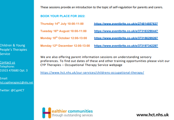 Our Supporting your child’s self-regulation information
session is for parents and carers who would like to learn more about helping their child to
self-regulate. 
You can book onto any of our free information courses
on our website:
hct.nhs.uk/our-services-a…

#HCT #CYPT #HCTCYPT