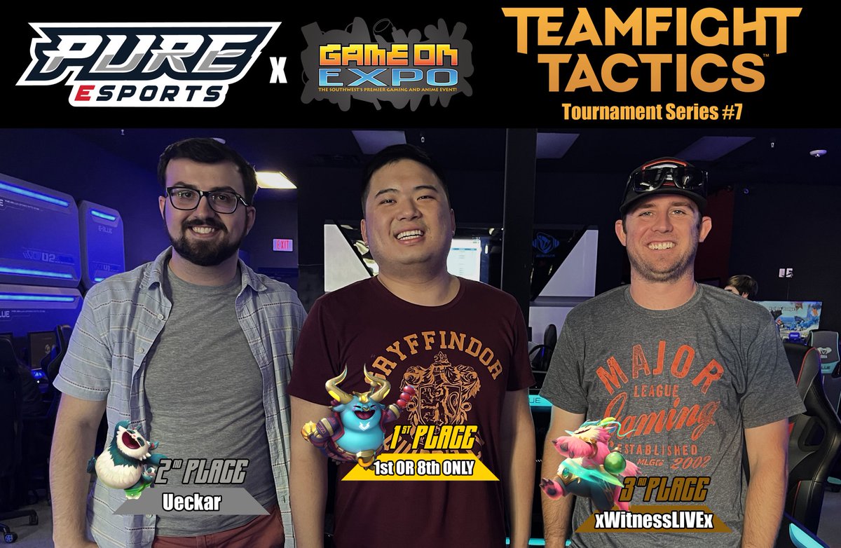 Congratulations to our TOP 3 on Sunday at the Teamfight Tactics Tournament Series 7 at PURE Esports!!

1st: 1st OR 8th ONLY <a href="/1stOr8thONLY/">1st Or 8th ONLY</a> 
2nd: Ueckar <a href="/Ueckar/">Ueckar</a> 
3rd: xWitnessLIVEx <a href="/xWitnessLIVEx/">Witness</a> 

🏆#TFT #TeamFightTactics #AZTFT #Arizona