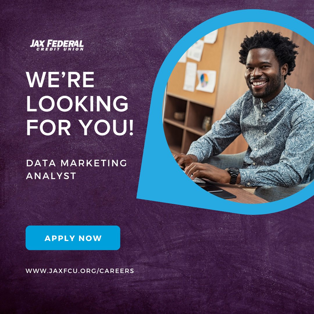 We are in search of a new Data Marketing Analyst 📊

Empower the Marketing team using data to forecast trends for marketing campaigns, projects and member experience initiatives.

Learn more and submit your resumé today! 
jaxfcu.org/careers/

#WorkHereWednesday #NowHiring