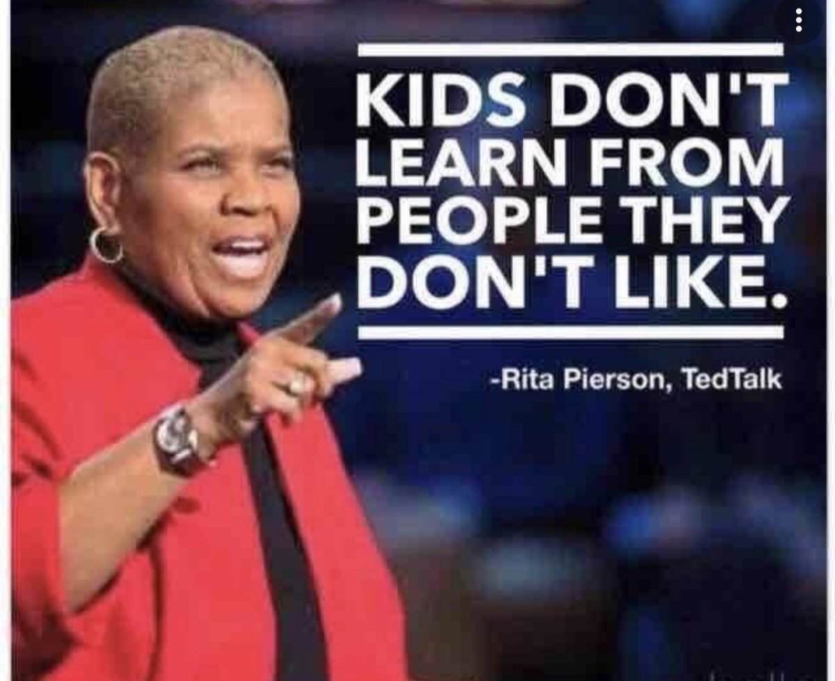 DrLMNelson's tweet image. Leaders, LEAN IN! One of my favorite quotes is from Rita Pierson, “Kids don’t learn from people they don’t like.” May I add…..NEITHER DO ADULTS! Let’s model building strong relationships with our teachers, parents, central office, and community! #EduTwitter #BOSSEducator