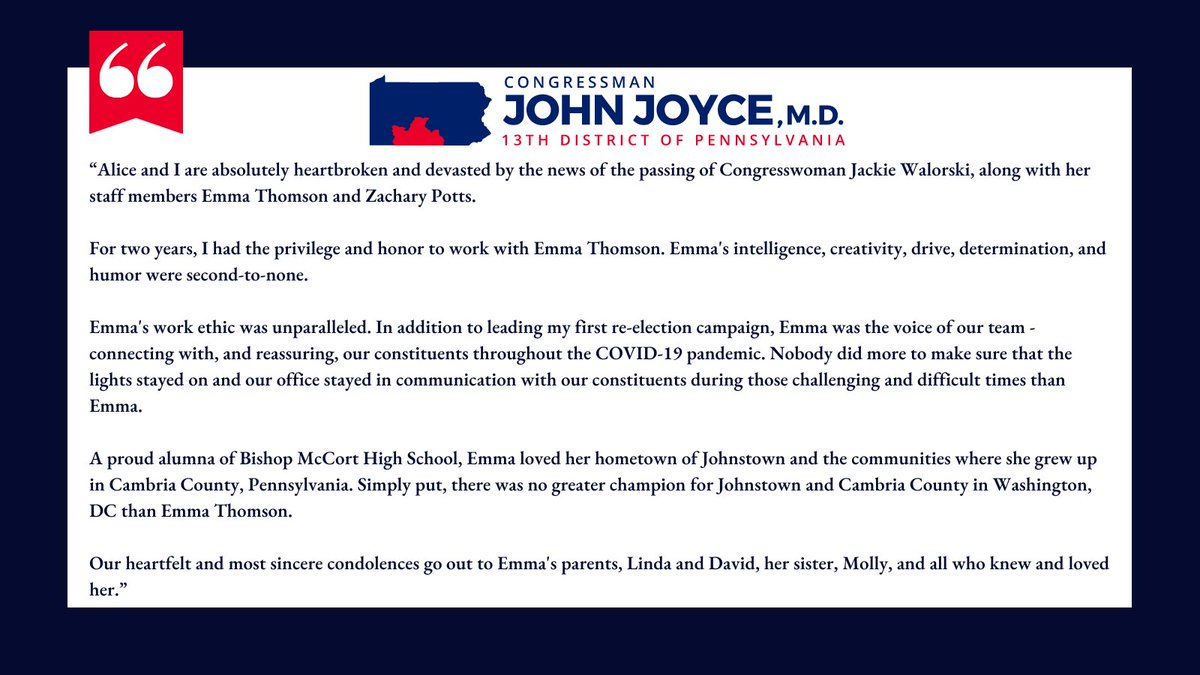 RepJohnJoyce's tweet photo. Our hearts are heavy as we mourn the loss of Congresswoman Jackie Walorski, Emma Thomson, and Zachery Potts. https://t.co/5DyPFUAE2K