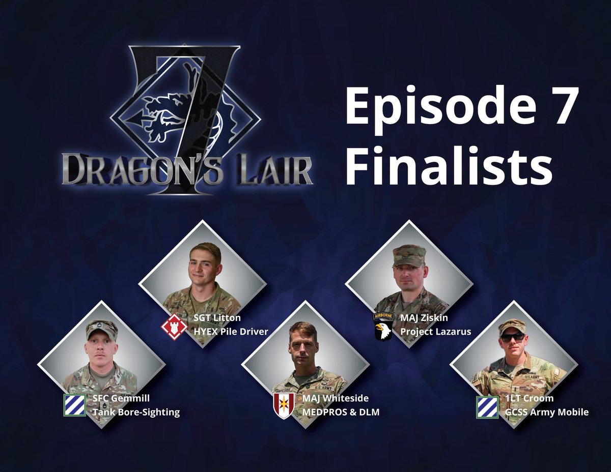 XVIII Airborne Corps & Fort Bragg (@18airbornecorps) on Twitter photo DRAGON'S LAIR 7 FINALISTS NAMED!
The top 5 finalists have officially been selected & will head to Austin, Texas to present their innovations at #DL7 on Aug 16.
We will partner w/ <a href="/armyfutures/">Army Futures Command</a> <a href="/aal_innovation/">Army Applications Laboratory</a> for DOD's premiere innovation series.
The Soldier-Innovators are: DRAGON'S LAIR 7 FINALISTS NAMED!
The top 5 finalists have officially been selected & will head to Austin, Texas to present their innovations at #DL7 on Aug 16.
We will partner w/ <a href="/armyfutures/">Army Futures Command</a> <a href="/aal_innovation/">Army Applications Laboratory</a> for DOD's premiere innovation series.
The Soldier-Innovators are:
