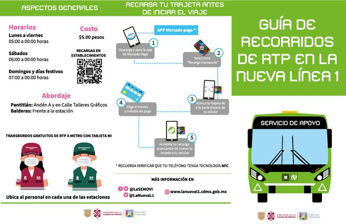 LaNuevaL1's tweet photo. El servicio paralelo de la @RTP_CiudadDeMex, es con el mismo horario del @MetroCDMX: lunes a viernes 05:00 a 24:00 hrs; sábados de 06:00 a 24:00 hrs y domingos así como días festivos de 07:00 a 24:00 hrs. Con tu #TarjetaMI se garantiza la gratuidad del transbordo correspondiente. https://t.co/ZA2BvoVhwh