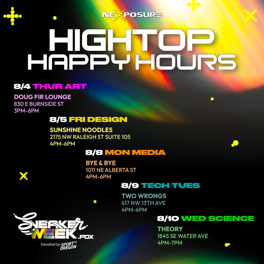 SneakerWeekPDX's tweet image. As we kick off #SneakerWeekPDX, we also kick off High Top Happy Hour, organic networking experiences curated for sneaker enthusiasts and industry professionals to bond over sneakers at some of Portland’s hottest bars and restaurants. 
⁠
#sneakerweekpdx #sneakerheads #happyhour