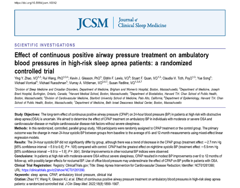 JCSMJournal's tweet photo. CPAP therapy led to a modest improvement in #bloodpressure over 6 to 12 months, consistent with findings from prior trials of shorter duration. The greatest effect observed was on nocturnal blood pressure. https://t.co/AXAlYfpt0a #sleepapnea #CPAP https://t.co/MpBtX2woaA