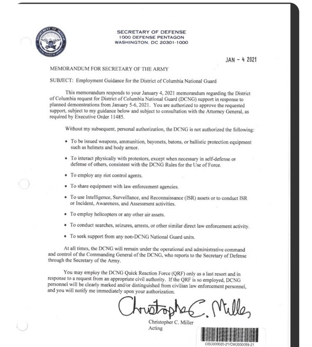 <a href="/sandibachom/">Sandi Bachom 📹</a> I post this endlessly.Chris Miller generated this memo limiting not only calling the National Guard,but their ability  &amp; the Capitol Police’s ability to respond with complete riot gear. The very gear used during the BLM protests.Why has this not gotten more attention?