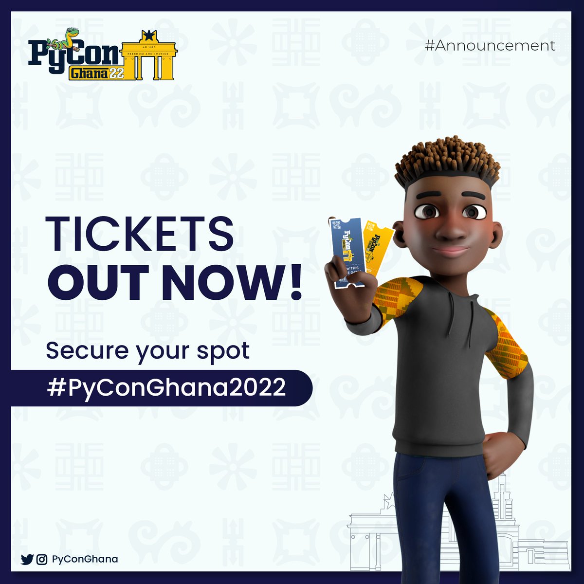 PyconGhana's tweet image. Our limited early-bird tickets are now on sale!

🎫 Ticket Prices 🎫
 
🎓 Students -- GHS 80 
👩‍💻 Individual -- GHS 99
👔 Corporate -- GHS 150
🎟️ Sharing -- GHS 99

For more info:
🔗 gh.pycon.org/tickets/

#PyConGhana #PyConGhana2022 #Python #PyCon #Conference #Tickets