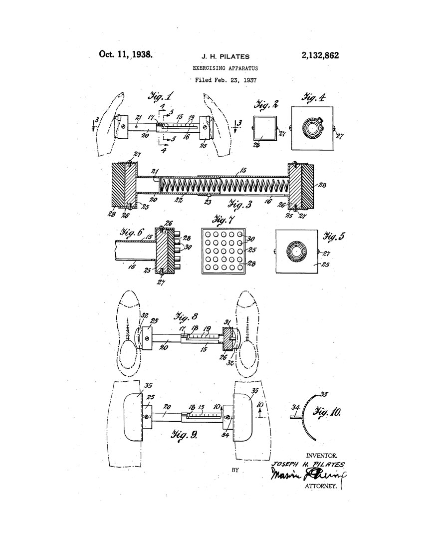 powerpilates's tweet photo. J. H. Pilates Exercising Apparatus ✨This patent was filed by Joseph Pilates in February 1937. Take a look at these drawings and let us know 1) what condition you think this doohickey aims to correct, and 2) what other of his inventions does this remind you of? https://t.co/mgnwr60gMn