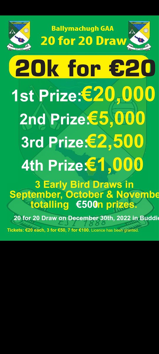The club have launched a new fundraiser 20 for 20. For just €20 you can win €20,000. To be in with a chance of winning please play on the link attached.
member.clubspot.app/club/ballymach…
