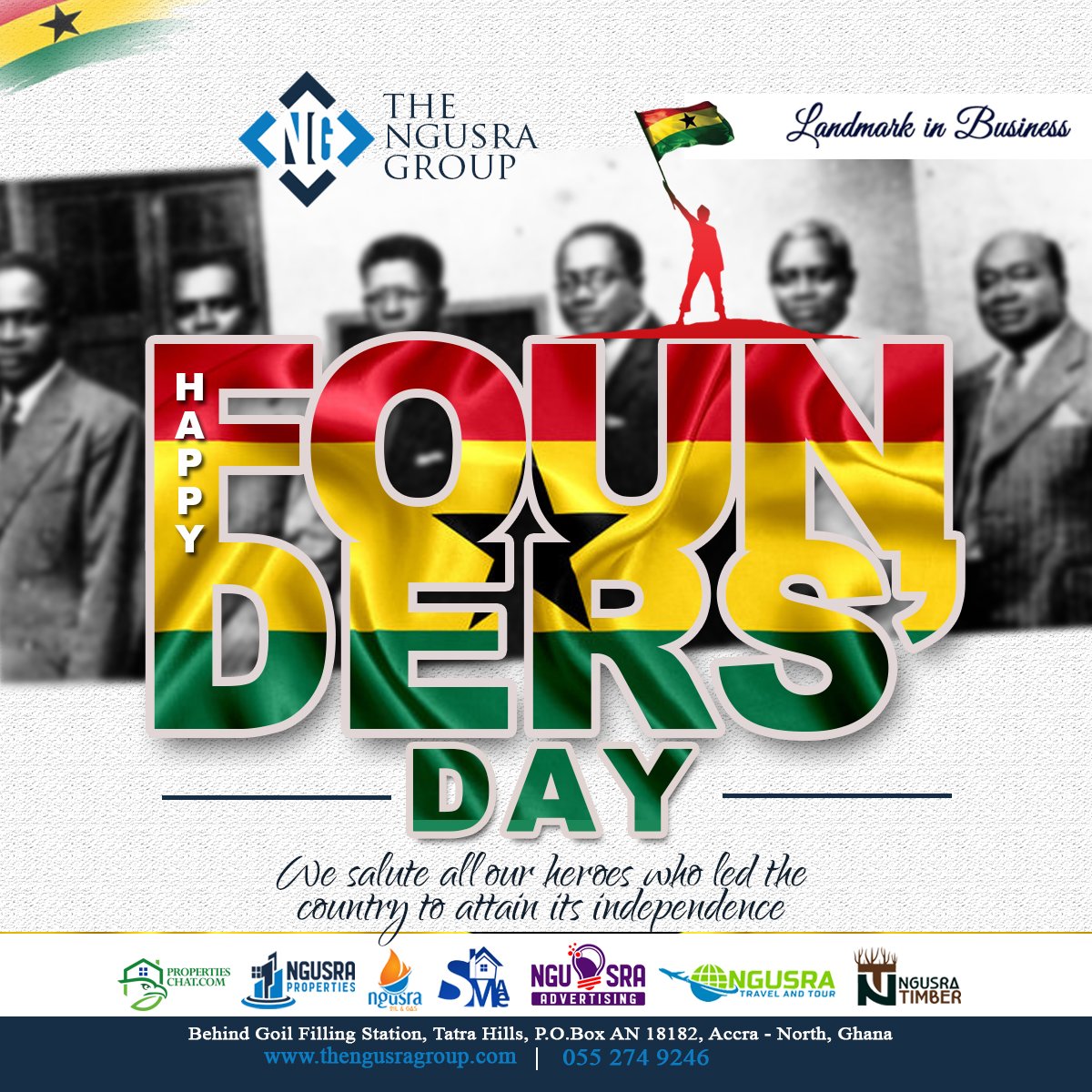 ngusragroup's tweet photo. Happy Founders' Day from us at THE NGUSRA GROUP

#Bigsix #ghana #freedomandjustice #ghanafirst #founders https://t.co/DgVhxmzjWk