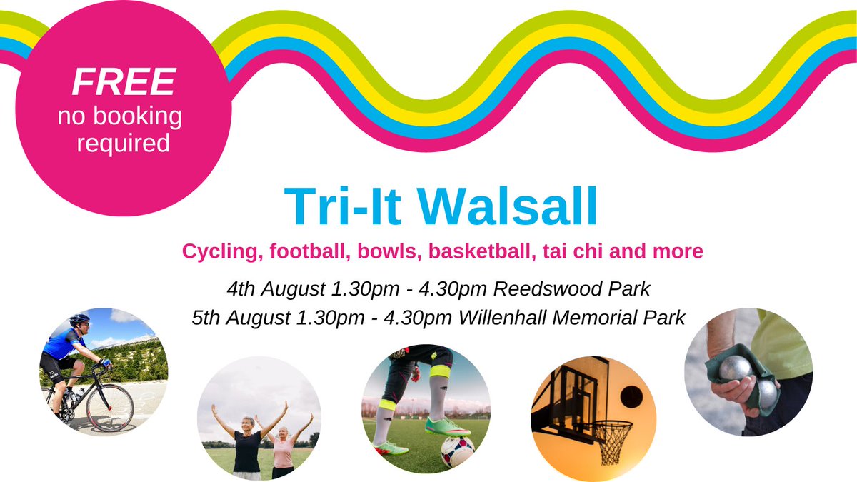 WalsallCouncil's tweet photo. If you are in and around Birchills or Willenhall this week, don't forget that we have two #TriItWalsall park events taking place:

4 August, Reedswood Park 
5 August, Willenhall Memorial Park

Both events are from 1:30pm and FREE of charge.

*Activities may vary at each event. https://t.co/8UM4kqnOIg