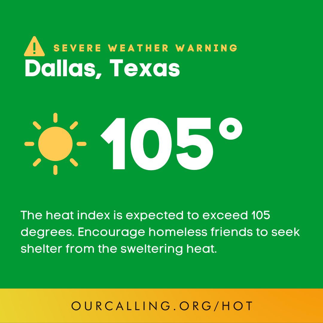 ourcalling's tweet photo. WED 08/03: The heat index is expected to exceed 105 degrees today in Dallas. Encourage homeless friends to seek shelter from the sweltering heat. #OurCalling will be open as a cooling center until 6 PM and dinner will be provided.

📲 https://t.co/k9oOFGGiz0 https://t.co/bH12gXOm1i