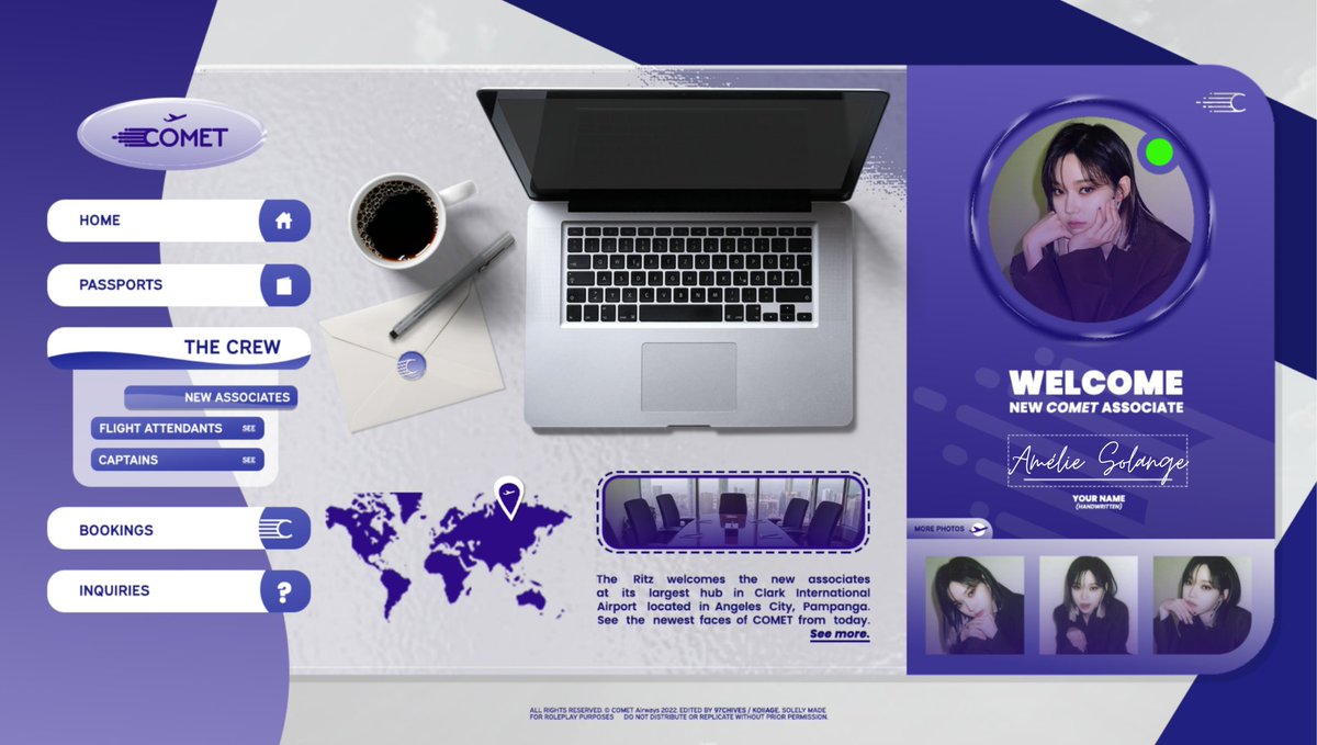 ㅤ

ㅤ      SOLANGE.⠀⠀
͏͏         ﹫solunshine
       
ㅤ      ❛ Pleased to announce that I am
          officially affiliated with COMET
          Airways!  Ready  to  fly  as your
          First Officer. ✈💫

ㅤㅤ