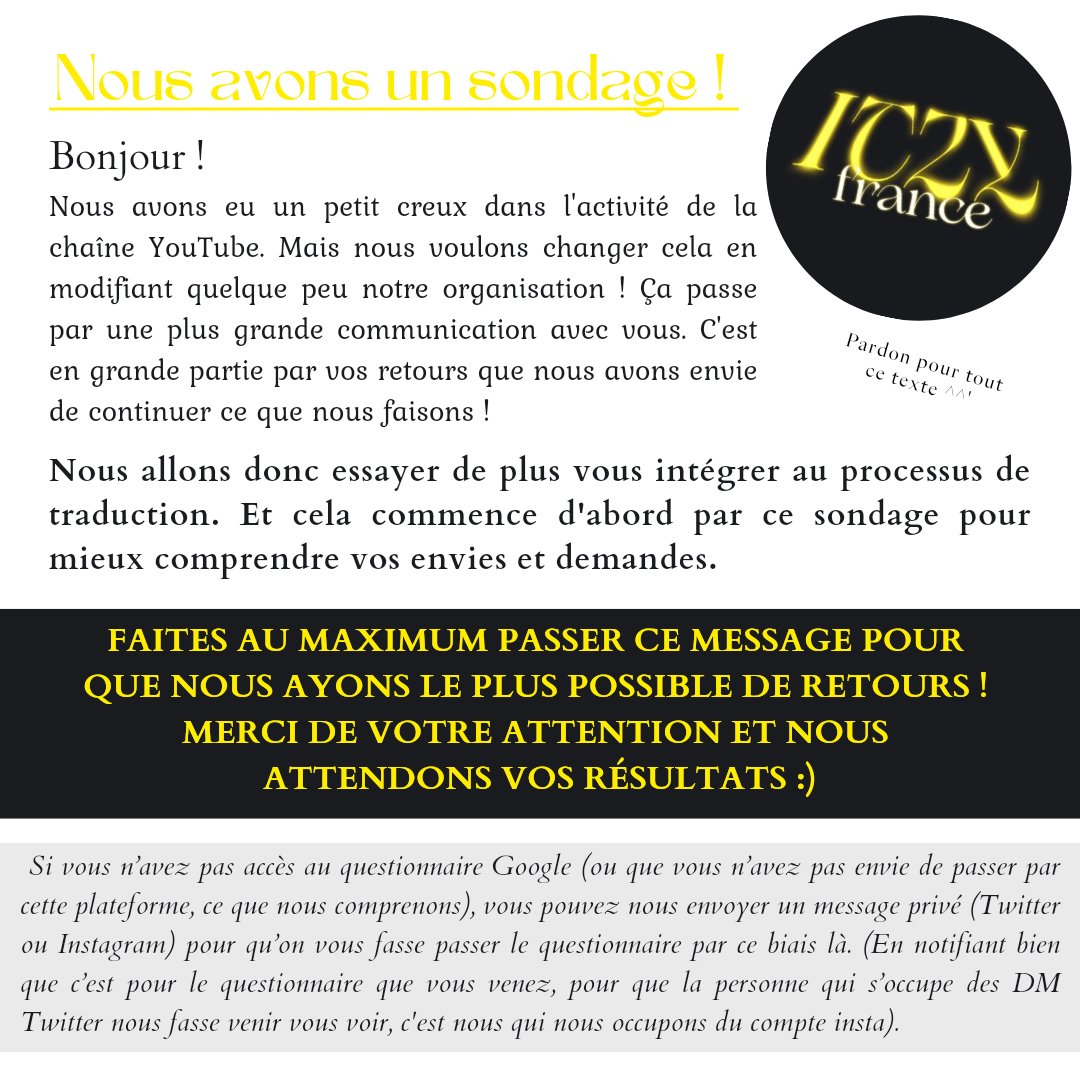 ITZYFrance_FAN's tweet photo. 「 🐳 」 030822  
— ITZYOUTUBE 

L'équipe YouTube de la fanbase a un petit sondage pour vous ! Plus d'informations dans l'image.
On a vraiment besoin de vous !

🔗 : https://t.co/Llhmr6S06U 

˗ˏˋ꒰  #ITZY_CHECKMATE  #ITZY_SNEAKERS   ࿐
˗ˏˋ꒰ #ITZY  #있지  #MIDZY #믿지 ࿐ https://t.co/xx6eAciTec