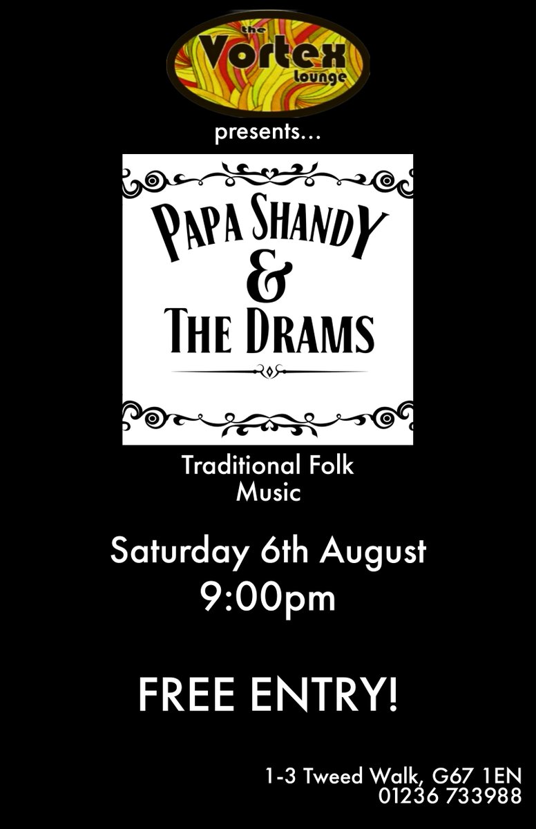 What a treat we've got for you on Saturday!

<a href="/PapaShandyDrams/">PapaShandy&theDrams</a> are a fantastic traditional #folk band, who may also be belting out some #seashanties for us!

Free Entry!

#Cumbernauld #supportyourlocal #livemusic