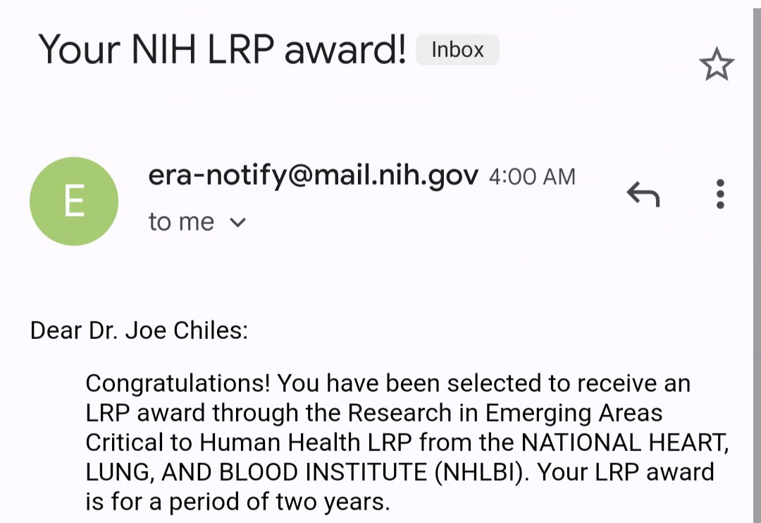 Woke up this morning to wonderful news: my @NIH_LRP application was successful.  There is zero chance that would have happened without the amazing mentorship from <a href="/lab_mcdonald/">Merry-Lynn McDonald</a> and fantastic support from the <a href="/UABPulmonary/">UAB Pulmonary</a> community.  I'm excited to see where this research goes!