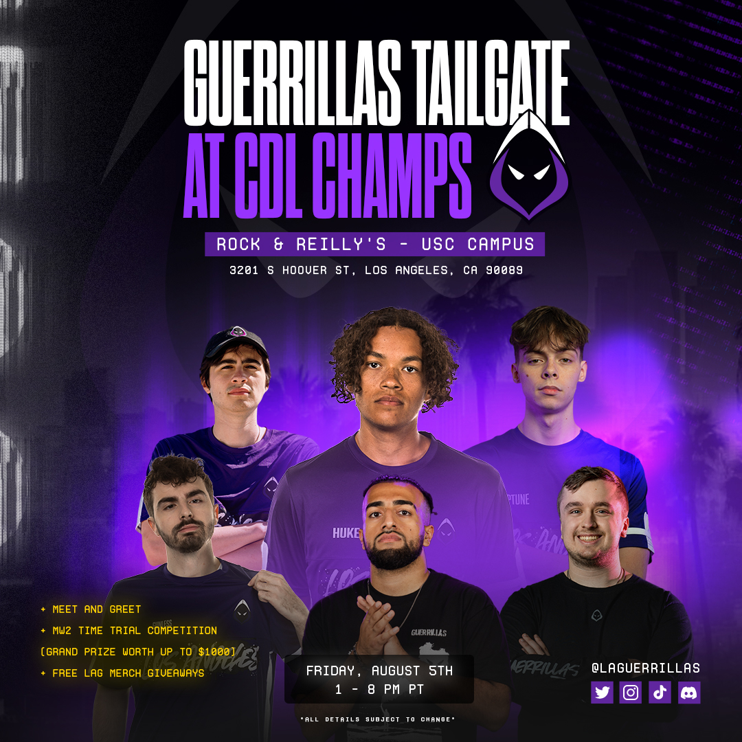 LA Guerrillas M8 (@laguerrillasm8) on Twitter photo Let's celebrate Champs in Los Angeles at the Guerrillas Tailgate!
It's going down ALL DAY on Friday, Aug. 5th just a short walk from the Galen Center.
📸 Meet your favorite #LAG players
🎁 Free merch and accessories
🎮 Compete for prizes worth up to $1K
Open to the public. Let's celebrate Champs in Los Angeles at the Guerrillas Tailgate!
It's going down ALL DAY on Friday, Aug. 5th just a short walk from the Galen Center.
📸 Meet your favorite #LAG players
🎁 Free merch and accessories
🎮 Compete for prizes worth up to $1K
Open to the public.