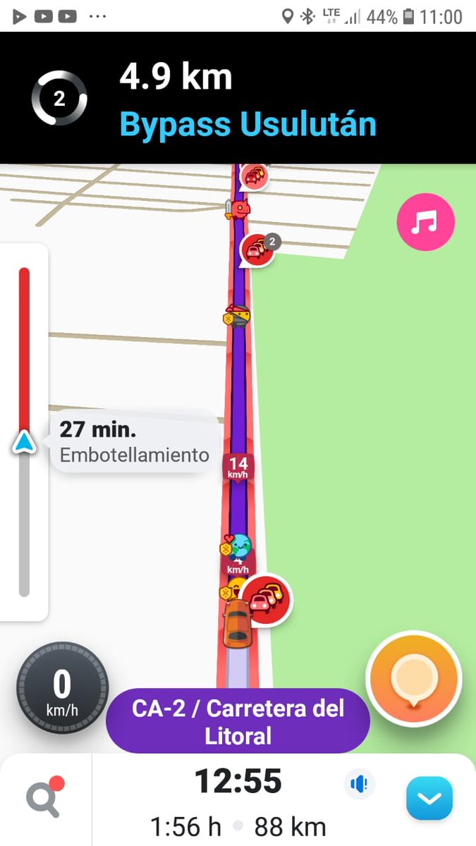 #TraficoSV detenido antes del redondel del Bypass de Usulutan. Waze marca un accidente.