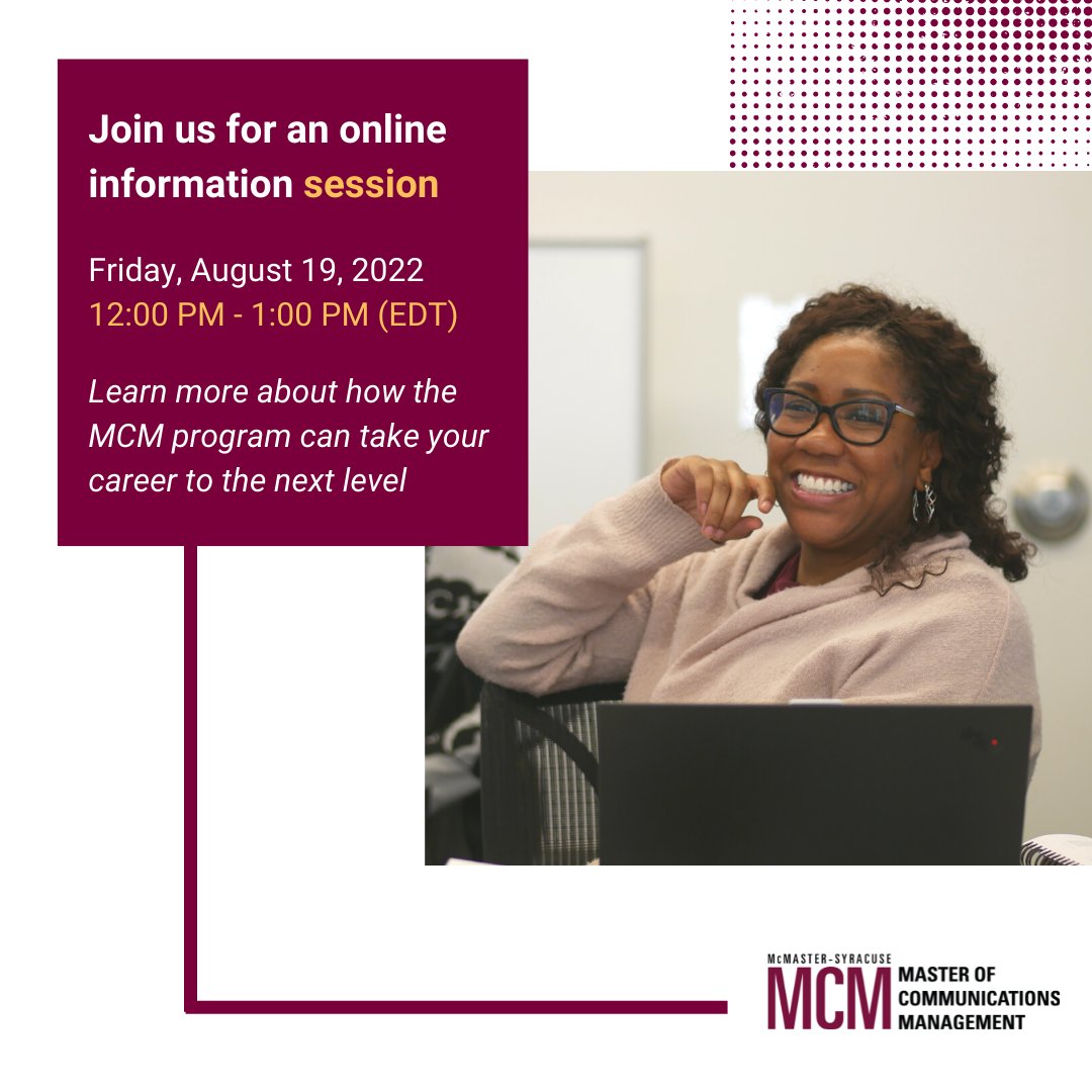 McMasterMCM's tweet photo. Learn more about how the MCM program can take your career to the next level at our upcoming online info session on Friday, August 19, 2022, at 12:00 pm. Click the link below to RSVP.

https://t.co/snUtQz9JIv https://t.co/W7bnbqke49