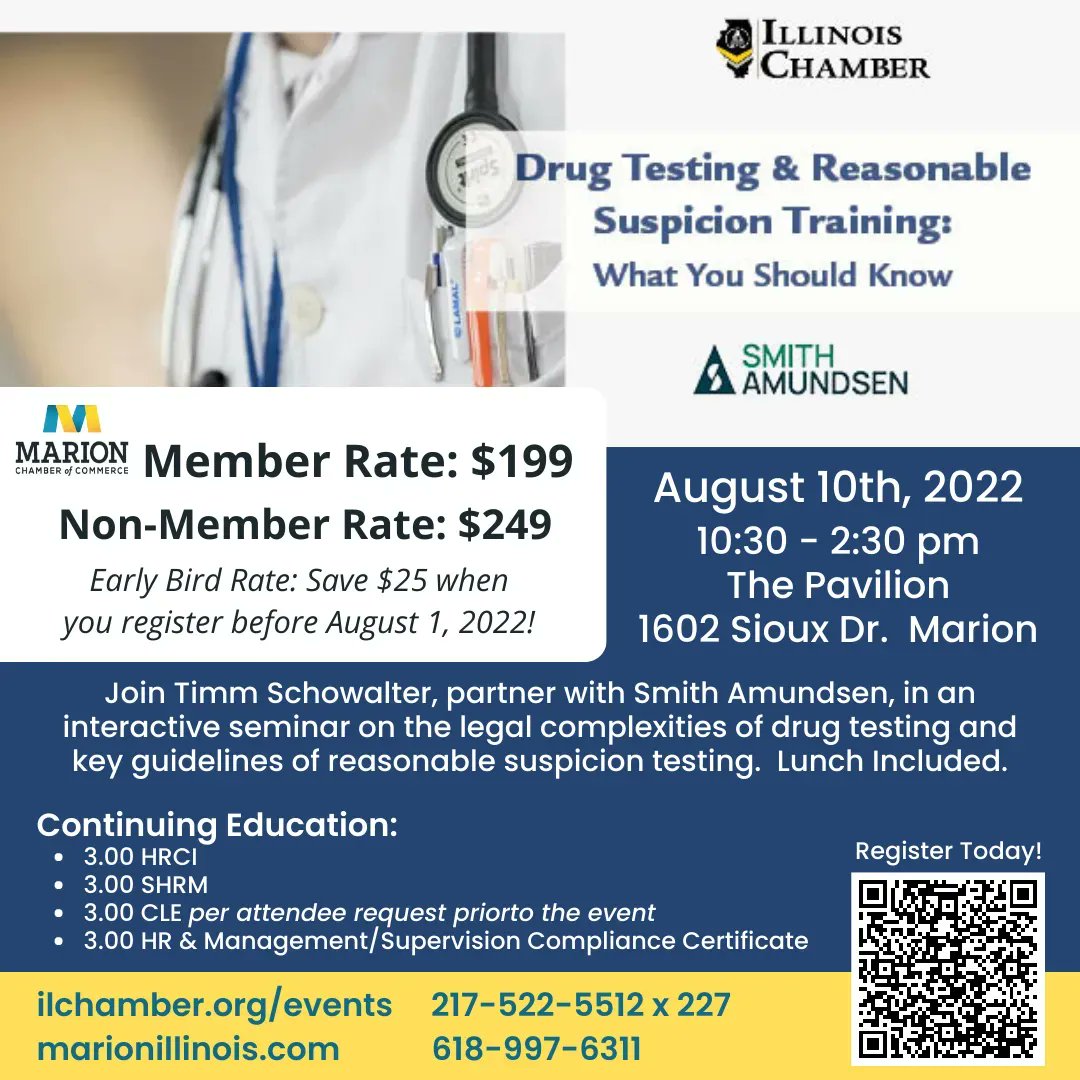 Marion_Chamber's tweet photo. Don't forget to register!  Join us on August 10th at the Pavilion to learn about the legal minefield of employee drug testing under federal and Illinois law. Session is $199 for Chamber Members and includes continuing education opportunities.  Learn More https://t.co/5EsuU8n9D5 https://t.co/CM5pf0IN9n