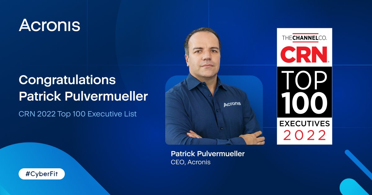 Acronis's tweet photo. 🥳 Massive congrats to @pulvermueller on achieving back-to-back recognition from @CRN as one of their Top 100 Executives for 2021 and 2022!

All of us at #TeamAcronis are proud to have you leading the organization!

#MSP #ManagedServices #CyberProtection #ITChannel #CRNTop100 https://t.co/0TnpFSMbtY