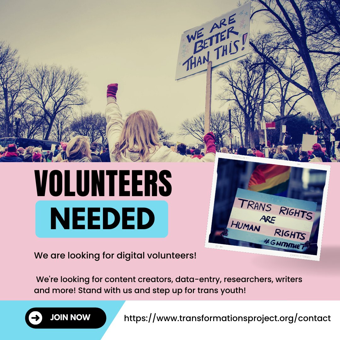 the_TFP's tweet photo. Want to #StepUpForTransKids? Join our fight against anti-trans legislation as a digital volunteer. To get involved, join our #Discord. Visit us at https://t.co/jM3fPNKYLD or DM us on Twitter for more information. #TransRightsAreHumanRights🏳️⚧️ https://t.co/ea5Sihtg3h