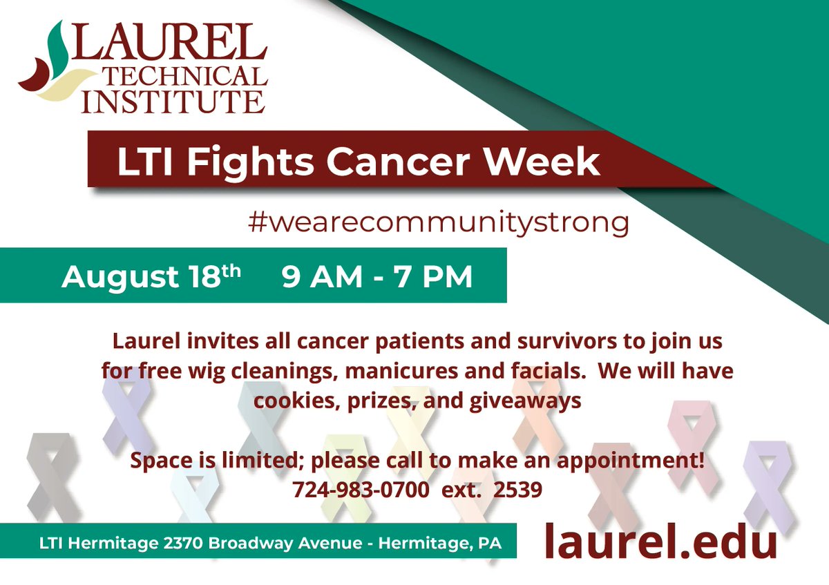 laureltechnical's tweet image. Laurel invites all cancer patients &amp;amp; survivors to join us on August 18th at our Hermitage location from 9am-7pm for free wig cleanings, manicures and facials. We will have cookies, prizes and giveaways! Space is limited so call to make your appointment today 724-983-0700 ext 2539