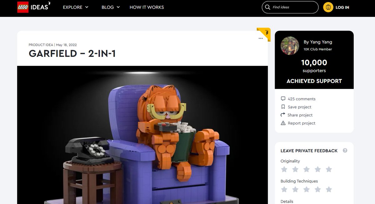 Q_Review's tweet photo. We did it everyone! The Garfield Lego Ideas now has 10,000 supporters, meaning it must be reviewed by Lego itself https://t.co/5psLV8IJQY