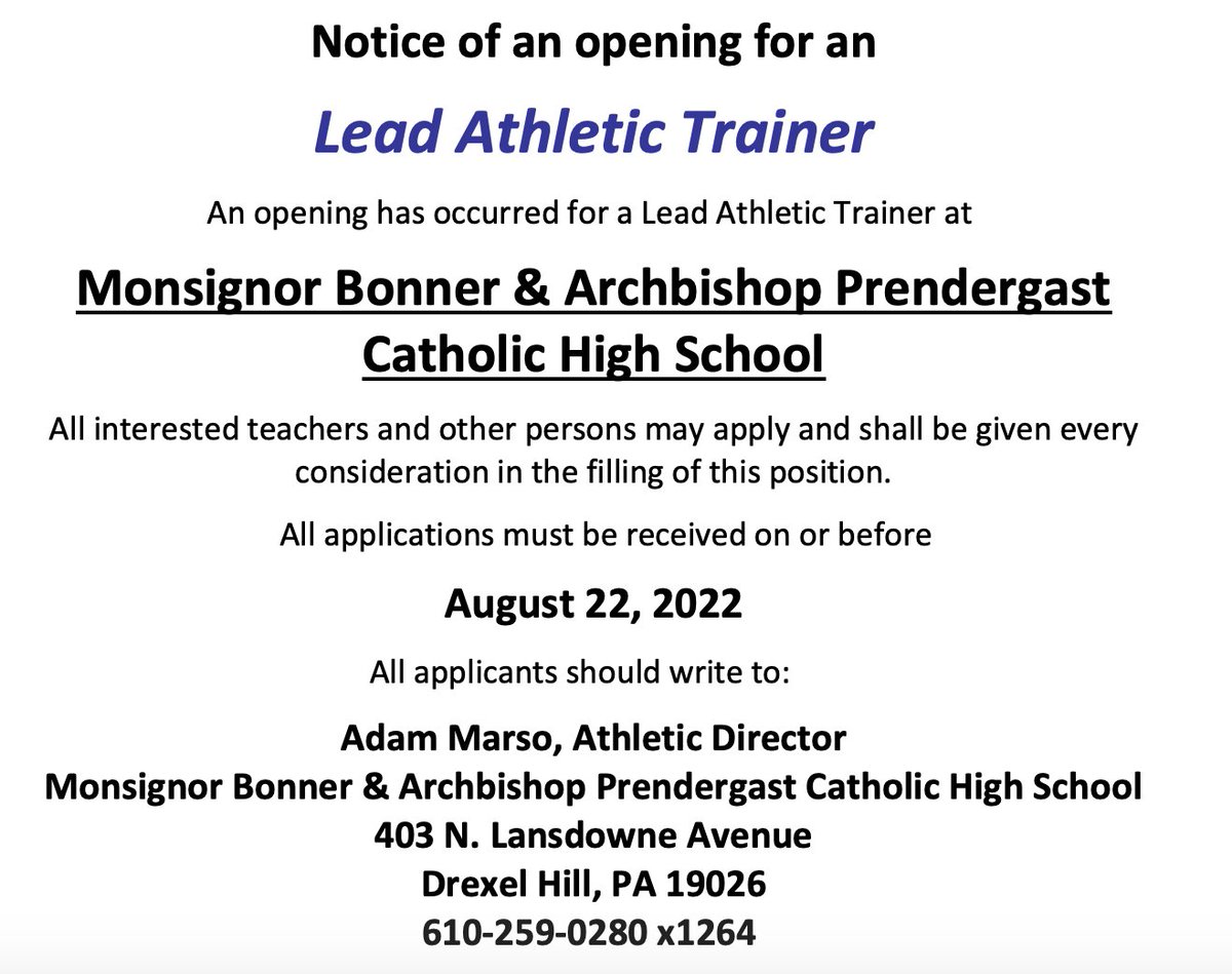 Bonner_Prendie's tweet photo. We're hiring a Lead Athletic Trainer! See below for details: https://t.co/z6IjwzUuqt