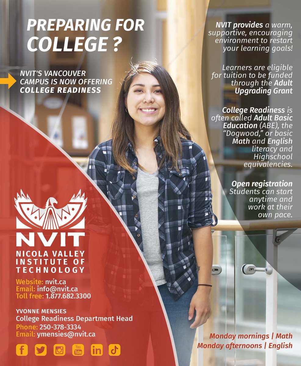 NVIT's Vancouver Campus is now offering College Readiness courses (Math and English). To learn more about college readiness, please contact info@nvit.ca or the College Readiness Department Head, Yvonne Mensies, at ymensies@nvit.ca.

nvit.ca/College-Readin…