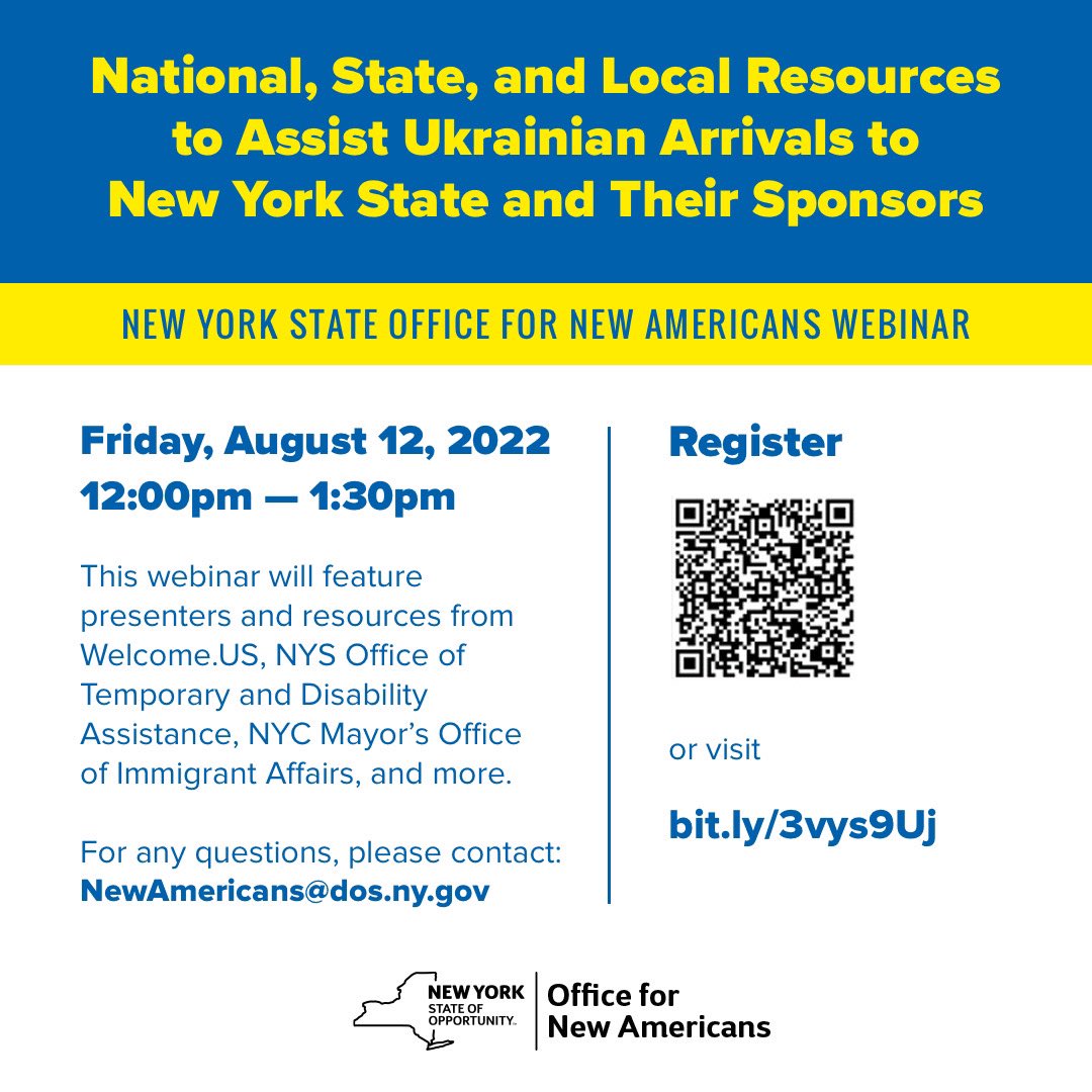 NYSNewAmericans's tweet photo. Join us for a webinar on August 12th focused on resources and information for those sponsoring Ukrainian arrivals to New York State. 

Registration details below 👇 https://t.co/K2wFKVZGO3