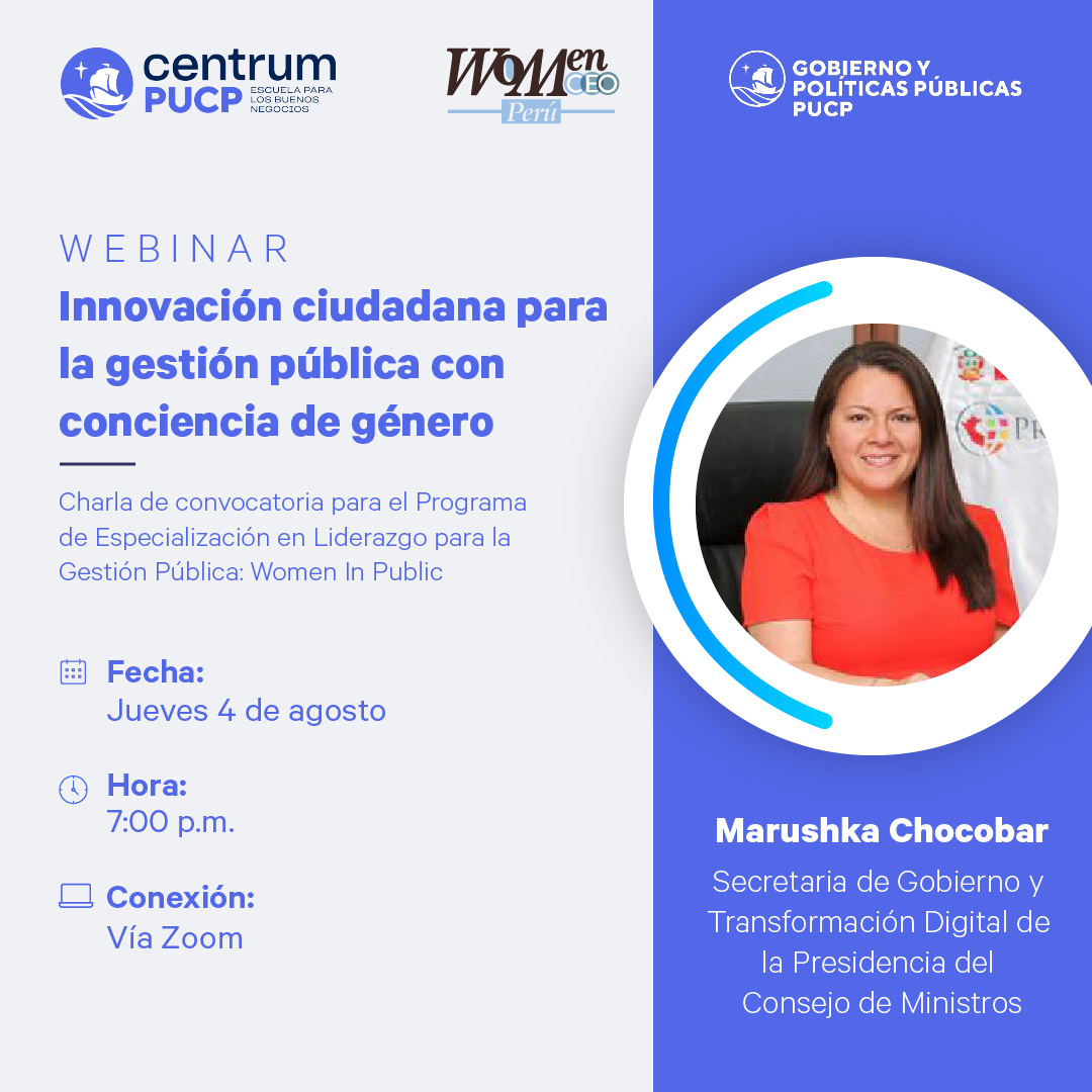 #PorUnPerúDigital🇵🇪 | En el marco del #LaboratorioDeGobierno y #TransformaciónDigital, la secretaria de la <a href="/PeruPaisDigital/">Secretaría de Gobierno y Transformación Digital</a>, <a href="/mchocobar/">Marushka Chocobar</a>, participará de este webinar que se realizará el 4 de agosto a las 7 p.m., vía zoom.
El evento es organizado por <a href="/egobiernopucp/">Escuela de Gobierno PUCP</a> y <a href="/WomenCEOPeru/">Women CEO Perú</a>.