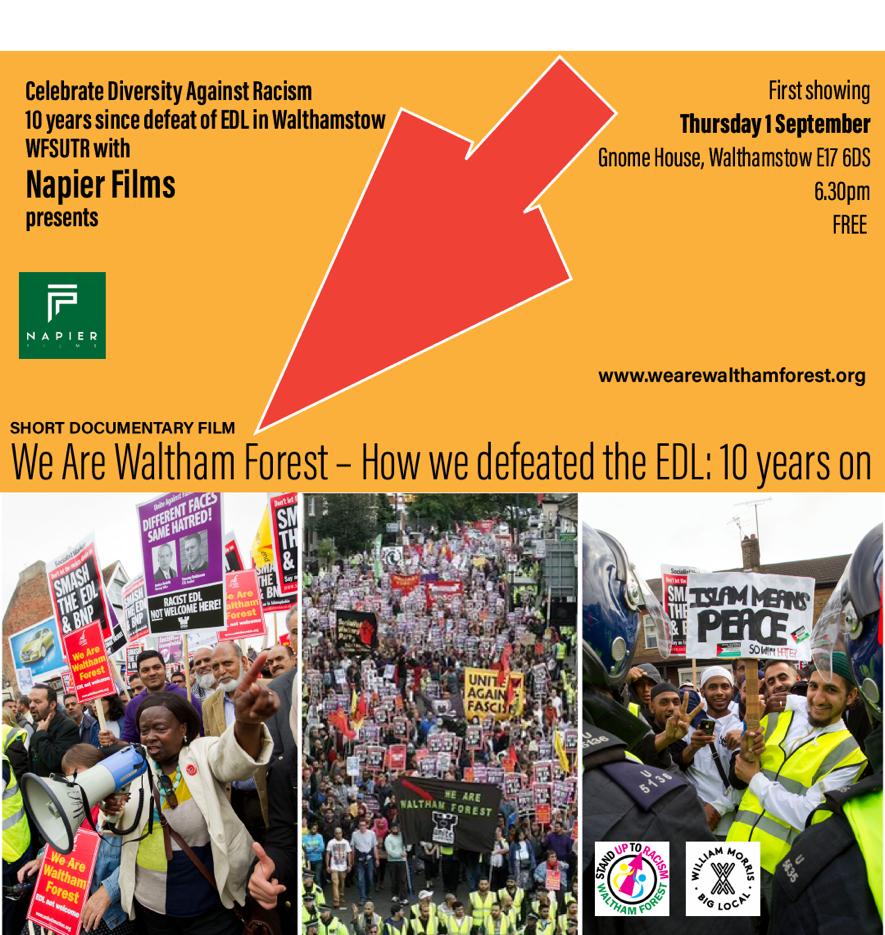 WeAreWF's tweet photo. 'We are Waltham Forest - how we defeated the EDL: 10 years on' Documentary short that captures how local residents defeated the fascist EDL &amp; why the right to protest is so important in defending our diverse communities. Thurs 1st Sept with Q&amp;A. 
Visit: https://t.co/E8DKIp9kGd https://t.co/Yf3B2MTaLA